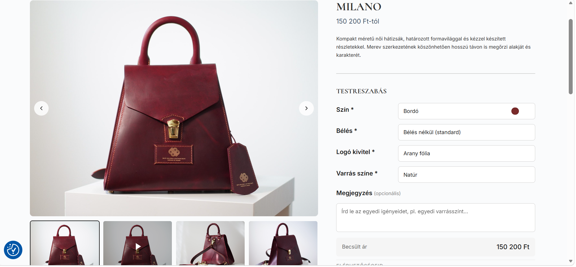 Milano termékoldal – Testreszabás konfigurátor élő becsült árral